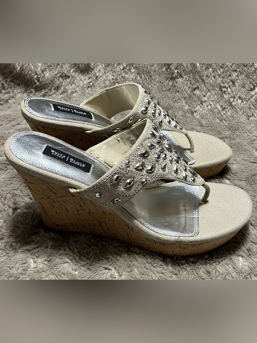 White House Black Market Taupe Jeweled cork wedges size 7